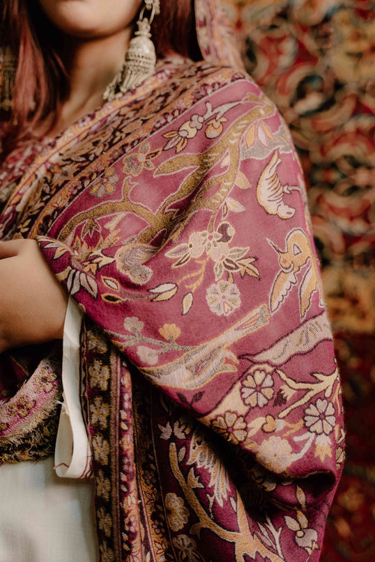 Kashmiri Kani Shawl - Maroon | Soft Wool - Kashmir Jama