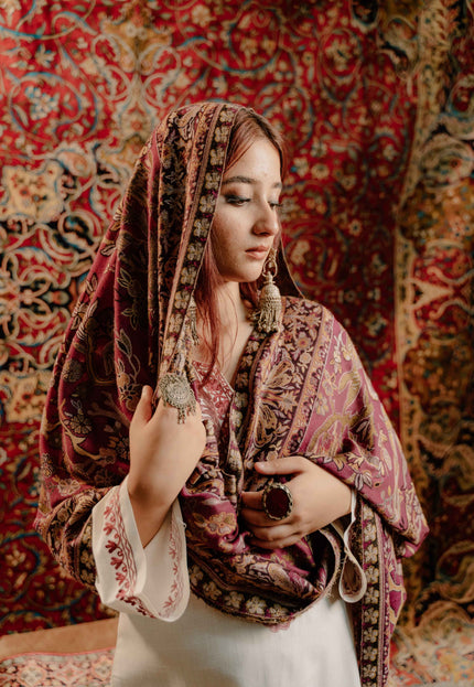 Kashmiri Kani Shawl - Maroon | Soft Wool - Kashmir Jama