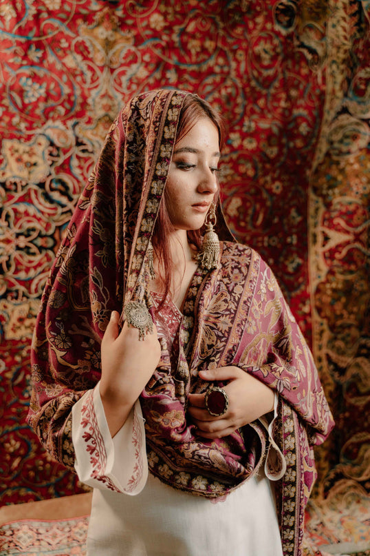 Kashmiri Kani Shawl - Maroon | Soft Wool - Kashmir Jama