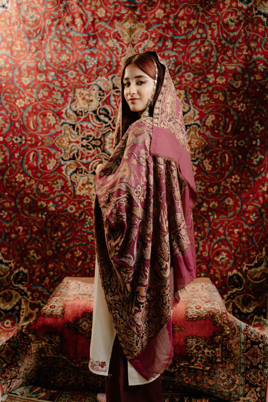 Kashmiri Kani Shawl - Maroon | Soft Wool - Kashmir Jama