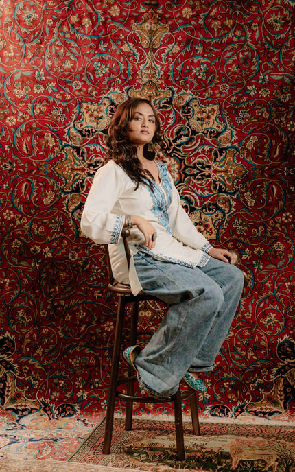 Kashmiri Aari Work Cotton Kurti - White | Short - Kashmir Jama