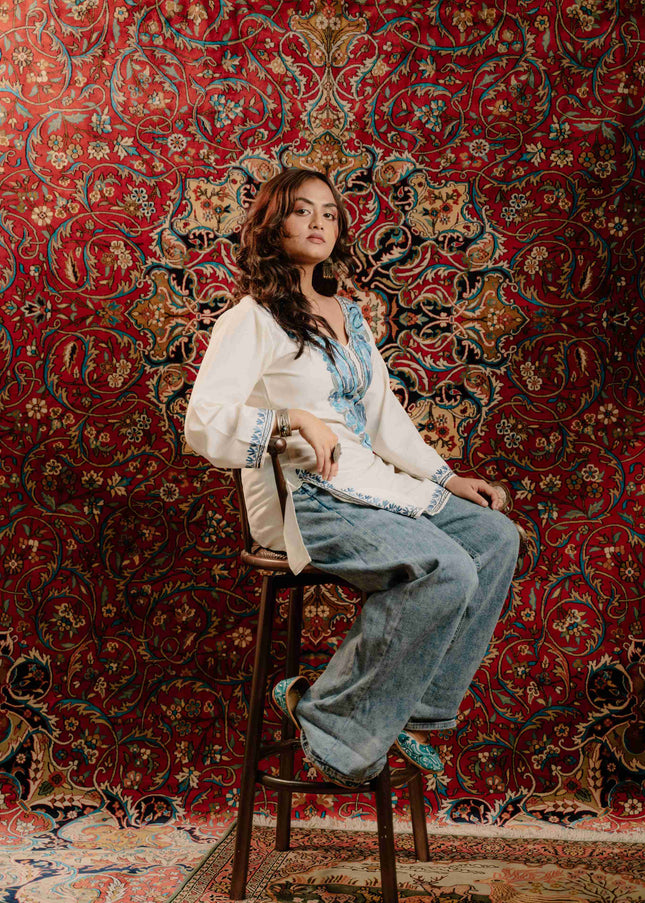 Kashmiri Aari Work Cotton Kurti - White | Short - Kashmir Jama