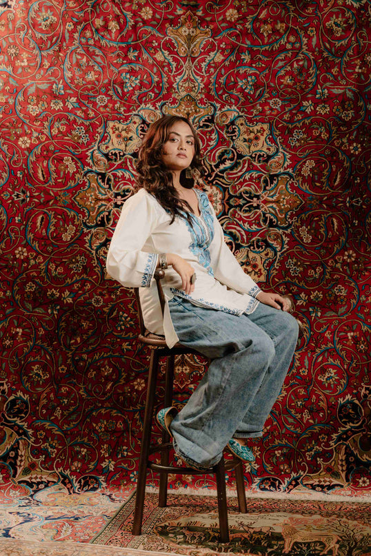 Kashmiri Aari Work Cotton Kurti - White | Short - Kashmir Jama