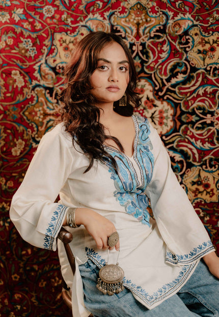Kashmiri Aari Work Cotton Kurti - White | Short - Kashmir Jama