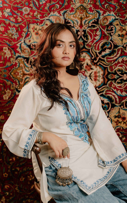 Kashmiri Aari Work Cotton Kurti - White | Short - Kashmir Jama