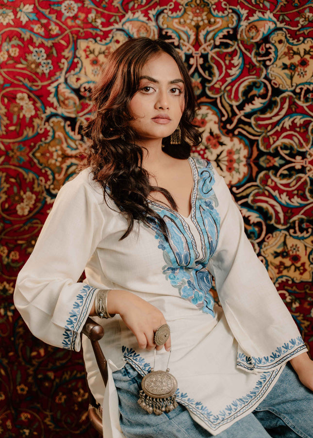 Kashmiri Aari Work Cotton Kurti - White | Short - Kashmir Jama