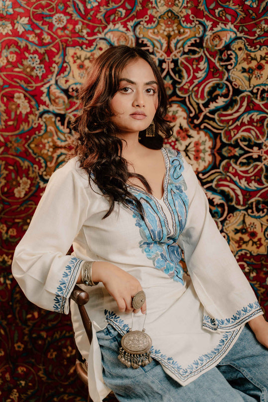 Kashmiri Aari Work Cotton Kurti - White | Short - Kashmir Jama