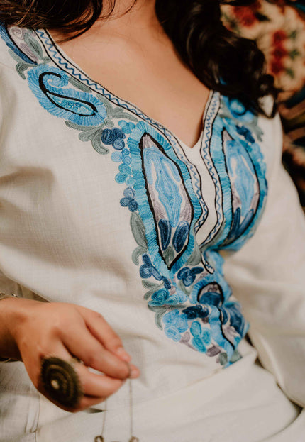 Kashmiri Aari Work Cotton Kurti - White | Short - Kashmir Jama