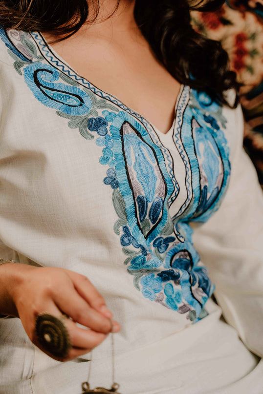 Kashmiri Aari Work Cotton Kurti - White | Short - Kashmir Jama