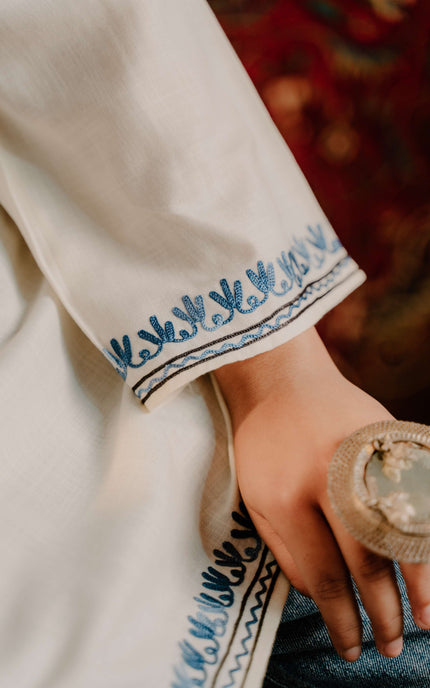 Kashmiri Aari Work Cotton Kurti - White | Short - Kashmir Jama