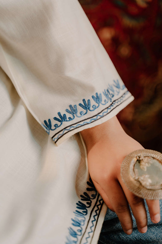 Kashmiri Aari Work Cotton Kurti - White | Short - Kashmir Jama