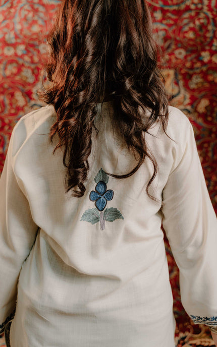 Kashmiri Aari Work Cotton Kurti - White | Short - Kashmir Jama
