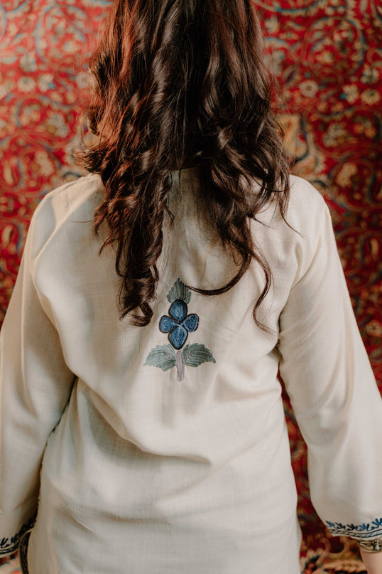 Kashmiri Aari Work Cotton Kurti - White | Short - Kashmir Jama