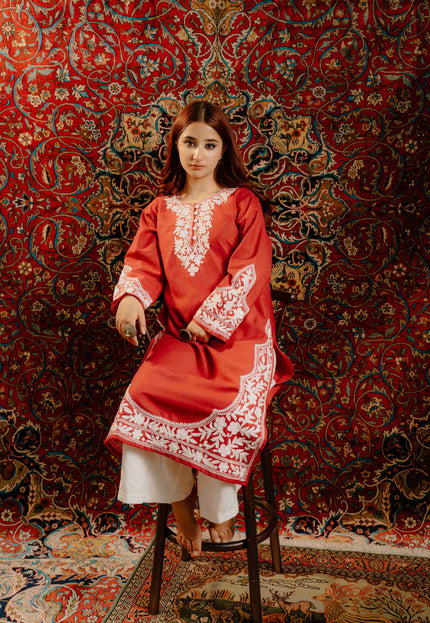 Kashmiri Aari Work Cotton Kurti - Red | Long - Kashmir Jama