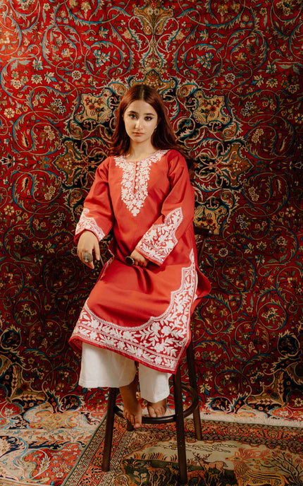 Kashmiri Aari Work Cotton Kurti - Red | Long - Kashmir Jama