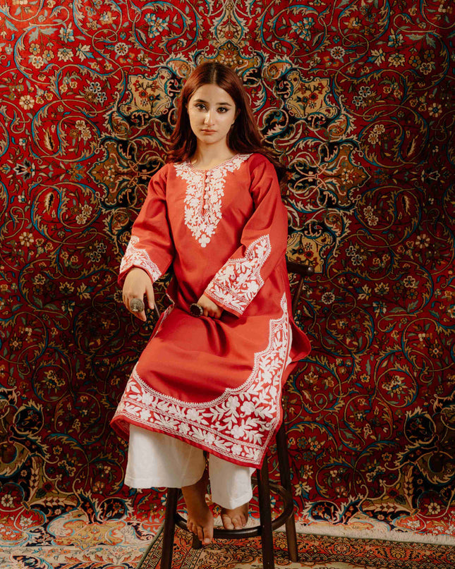 Kashmiri Aari Work Cotton Kurti - Red | Long - Kashmir Jama