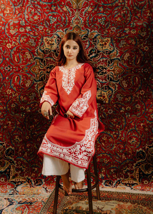 Kashmiri Aari Work Cotton Kurti - Red | Long - Kashmir Jama