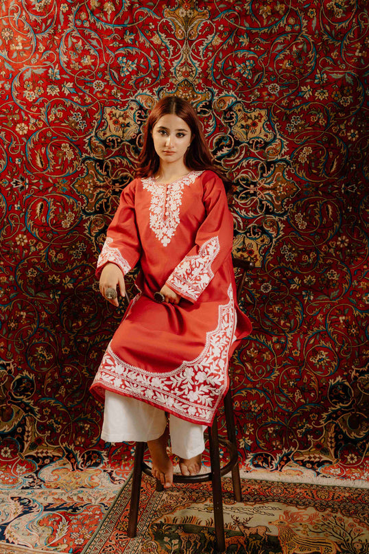 Kashmiri Aari Work Cotton Kurti - Red | Long - Kashmir Jama