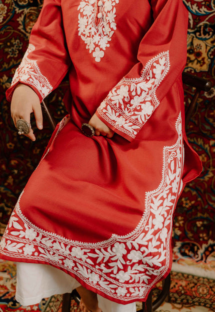Kashmiri Aari Work Cotton Kurti - Red | Long - Kashmir Jama