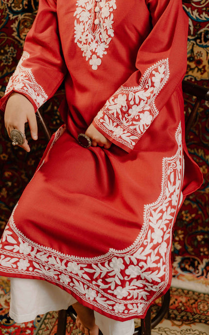 Kashmiri Aari Work Cotton Kurti - Red | Long - Kashmir Jama