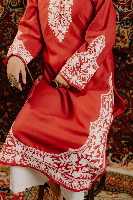 Kashmiri Aari Work Cotton Kurti - Red | Long - Kashmir Jama