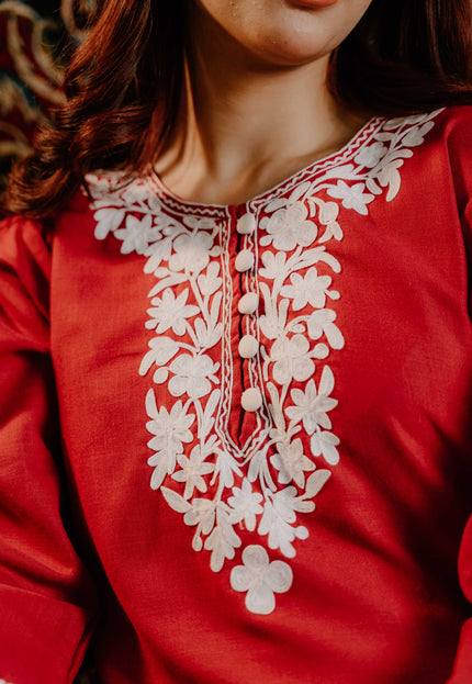 Kashmiri Aari Work Cotton Kurti - Red | Long - Kashmir Jama