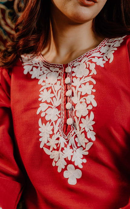 Kashmiri Aari Work Cotton Kurti - Red | Long - Kashmir Jama