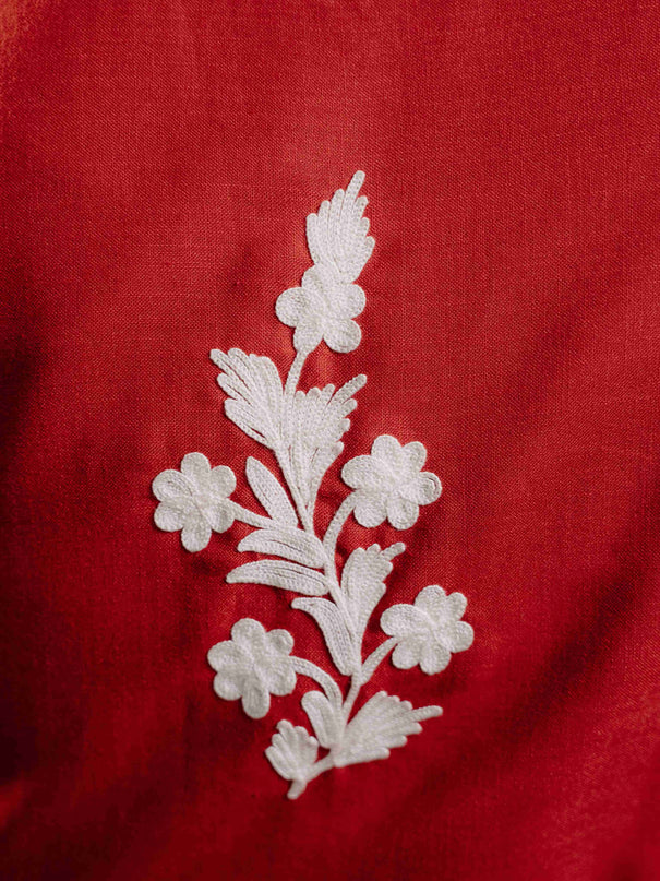 Kashmiri Aari Work Cotton Kurti - Red | Long - Kashmir Jama
