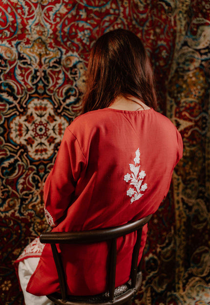 Kashmiri Aari Work Cotton Kurti - Red | Long - Kashmir Jama