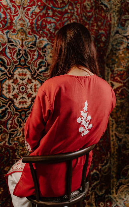 Kashmiri Aari Work Cotton Kurti - Red | Long - Kashmir Jama