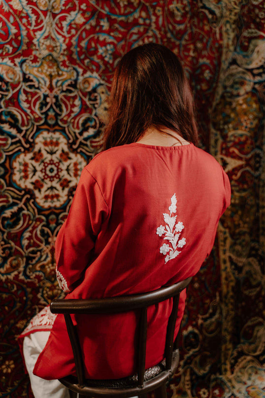 Kashmiri Aari Work Cotton Kurti - Red | Long - Kashmir Jama