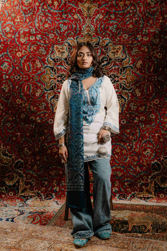 Kashmiri Kani Stole - Blue | Jama - Kashmir Jama