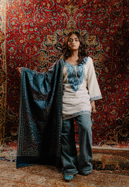 Kashmiri Kani Stole - Blue | Jama - Kashmir Jama