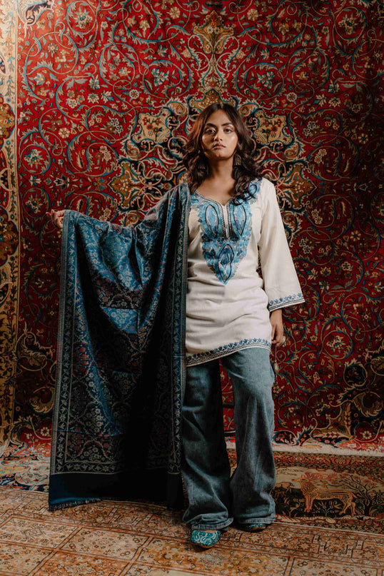Kashmiri Kani Stole - Blue | Jama - Kashmir Jama