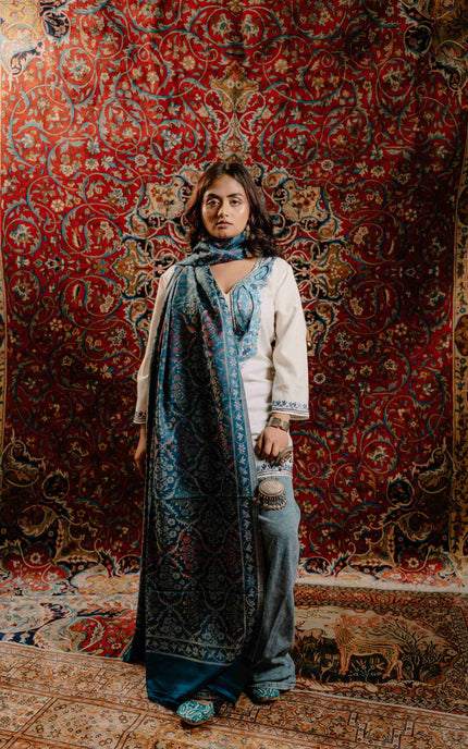 Kashmiri Kani Stole - Blue | Jama - Kashmir Jama