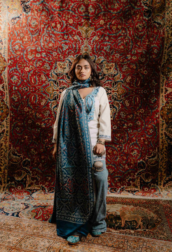 Kashmiri Kani Stole - Blue | Jama - Kashmir Jama