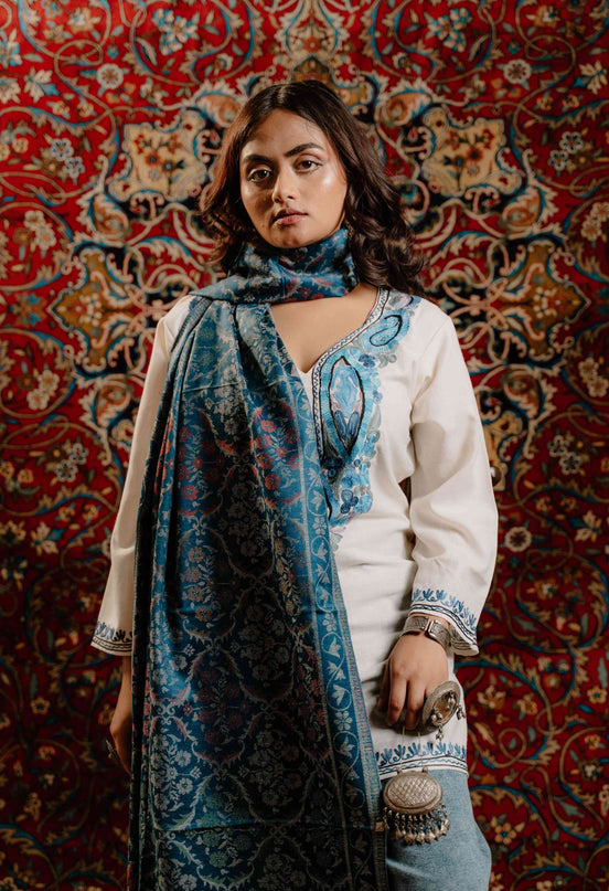 Kashmiri Kani Stole - Blue | Jama - Kashmir Jama