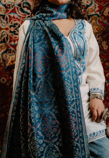 Kashmiri Kani Stole - Blue | Jama - Kashmir Jama