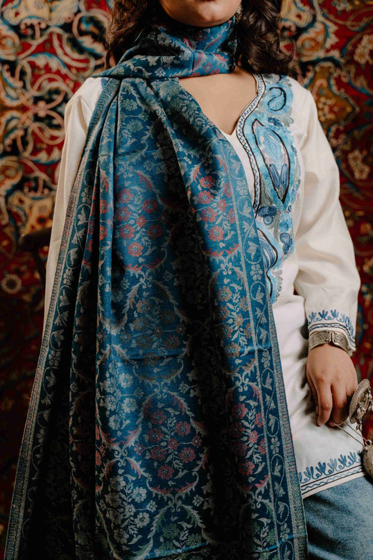 Kashmiri Kani Stole - Blue | Jama - Kashmir Jama