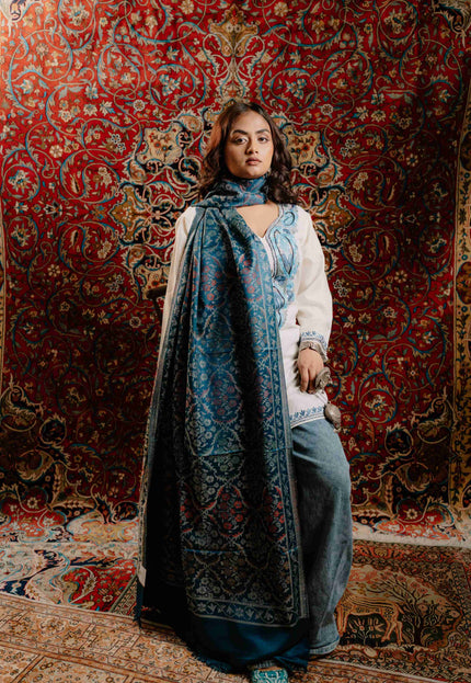 Kashmiri Kani Stole - Blue | Jama - Kashmir Jama