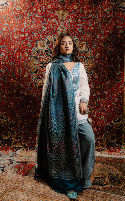Kashmiri Kani Stole - Blue | Jama - Kashmir Jama