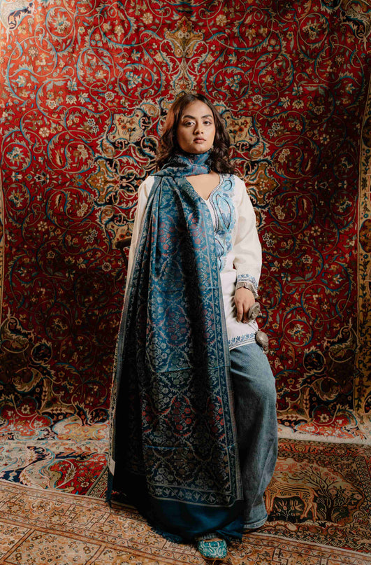 Kashmiri Kani Stole - Blue | Jama - Kashmir Jama