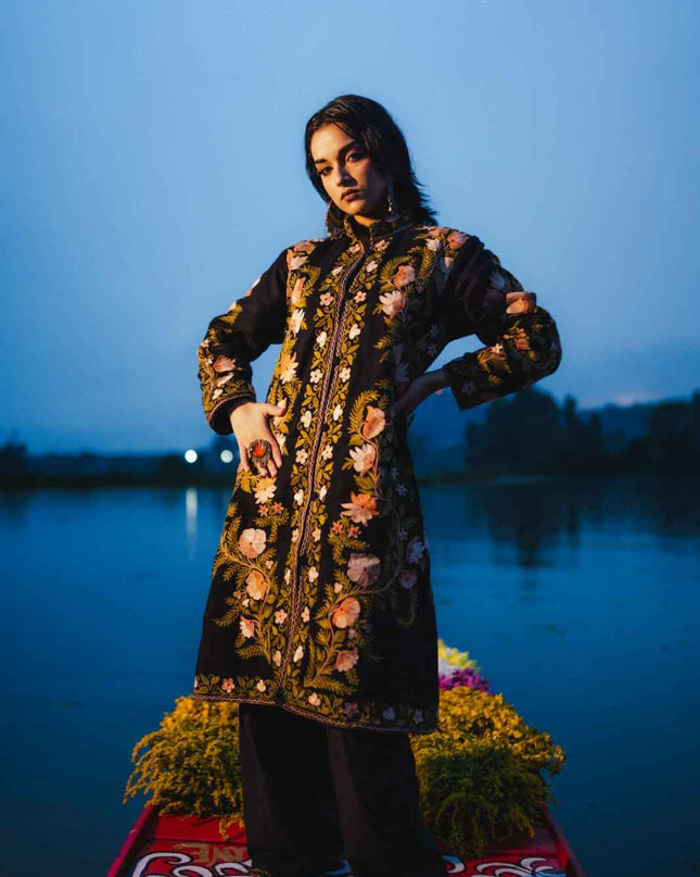 Kashmiri Aari Work Jacket - Black | Long - Kashmir Jama