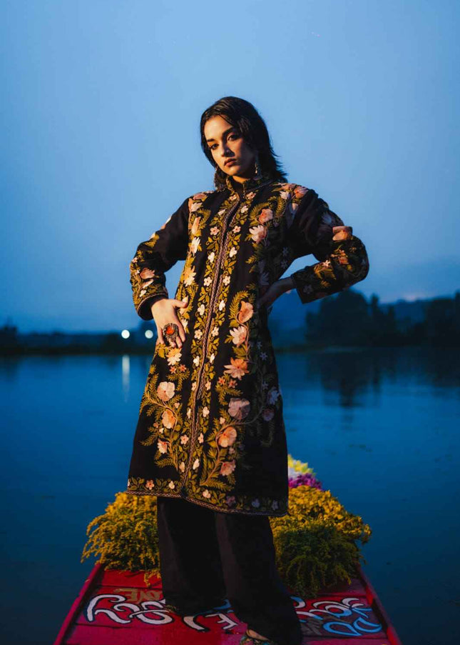 Kashmiri Aari Work Jacket - Black | Long - Kashmir Jama