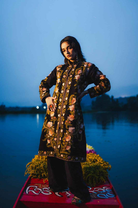 Kashmiri Aari Work Jacket - Black | Long - Kashmir Jama