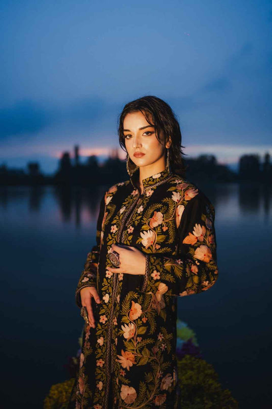 Kashmiri Aari Work Jacket - Black | Long - Kashmir Jama