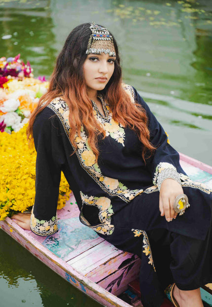 Kashmiri Pastel Aari Work Phiran - Black | Abshar - Kashmir Jama