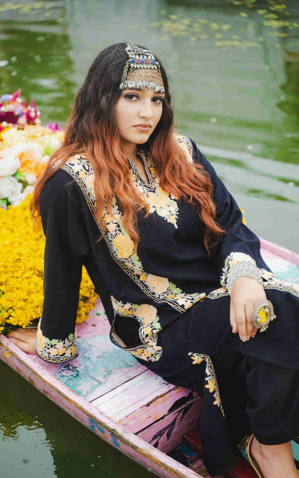 Kashmiri Pastel Aari Work Phiran - Black | Abshar - Kashmir Jama