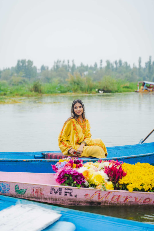 Kashmiri Aari Work Phiran - Yellow | Fringe - Kashmir Jama