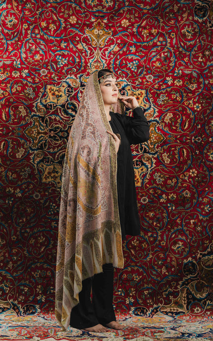 Kashmiri Kalamkari Sozni Work Shawl - White | Handmade - Kashmir Jama